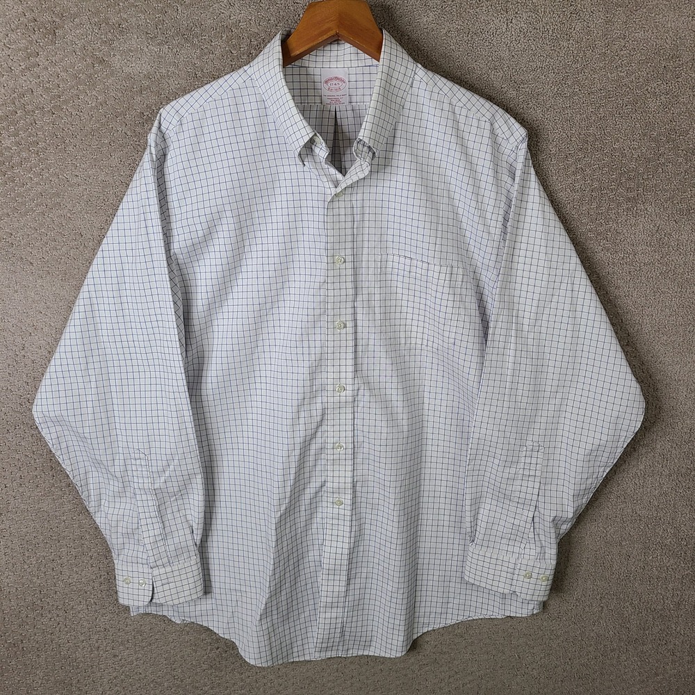 Brooks Brothers Shirt Mens 17 4/5 White Blue Check Traditional Fit Non Iron